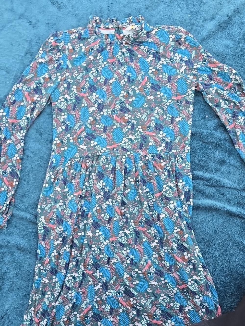 Boden Floral Long-Sleeve Midi Dress in Teal & Coral